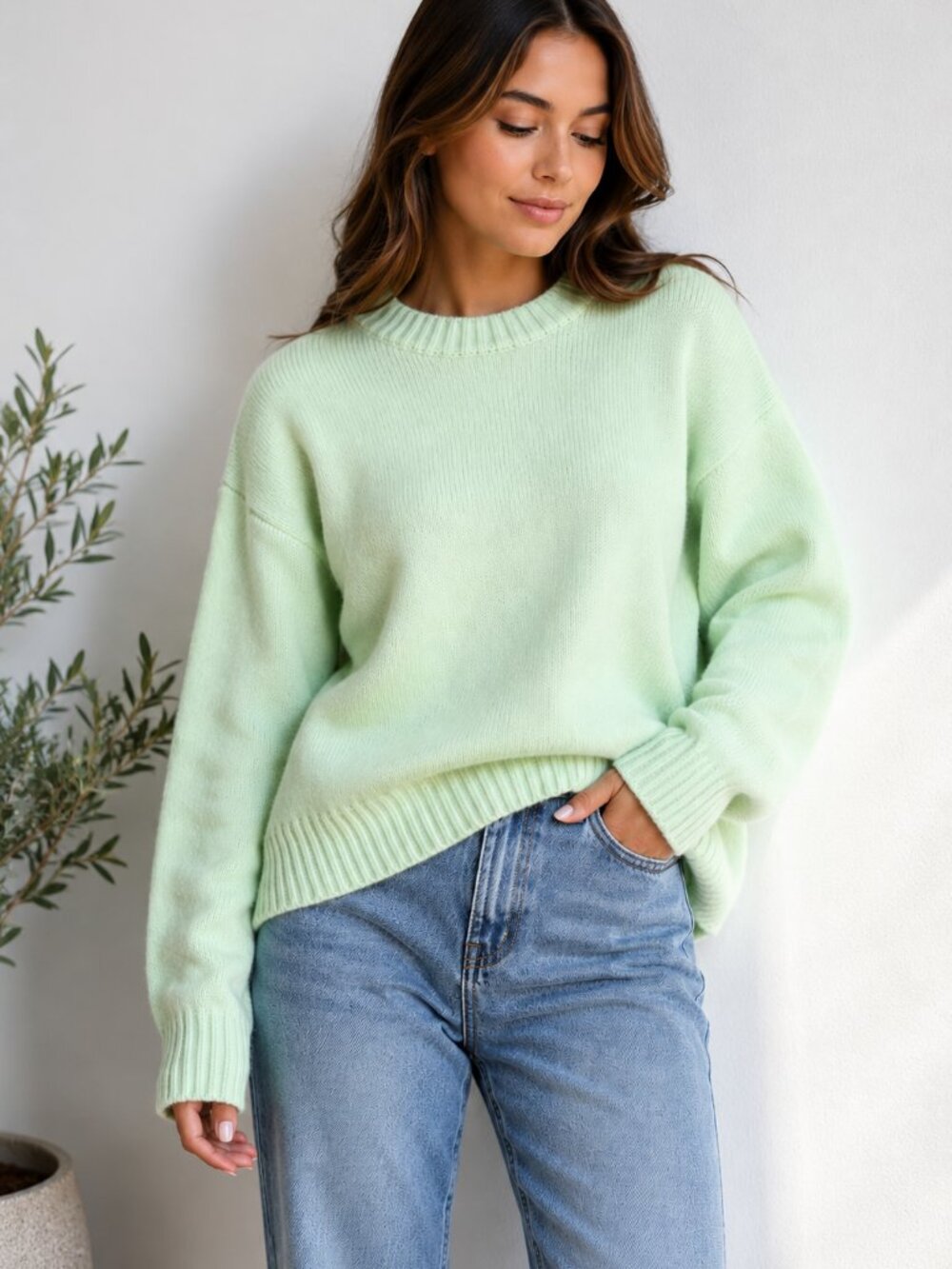 Mint Green Oversized Knit Sweater Soft Crewneck Pullover Size L